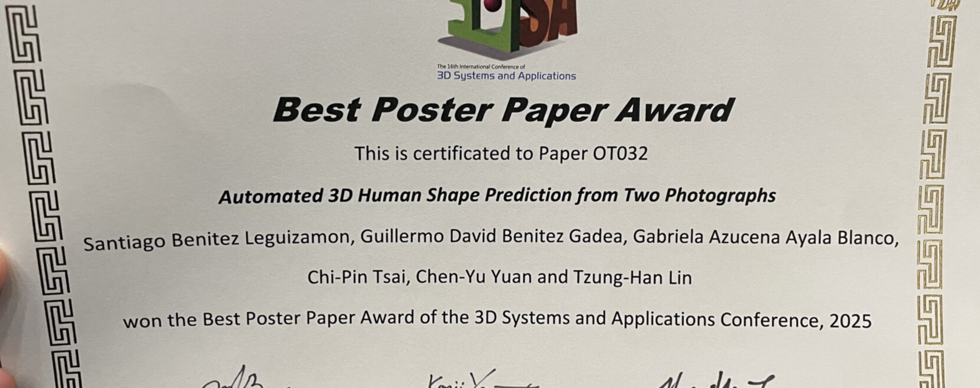 Congratulations to our lab for winning the Best Poster Paper Award at 3DSA2025